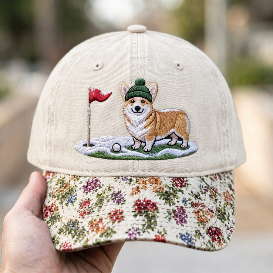 Corgi Golfer Winter Golf Floral & Leopard Brim Hat
