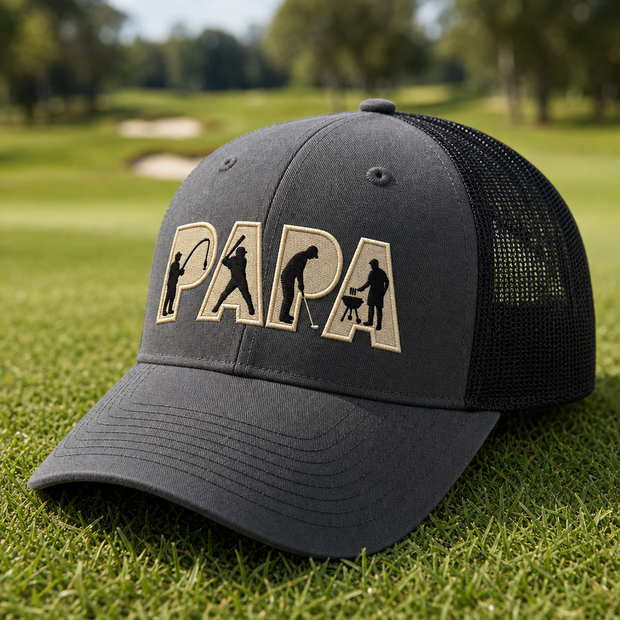 Personalized Papa Golf, Fishing & BBQ Embroidered Trucker Hat