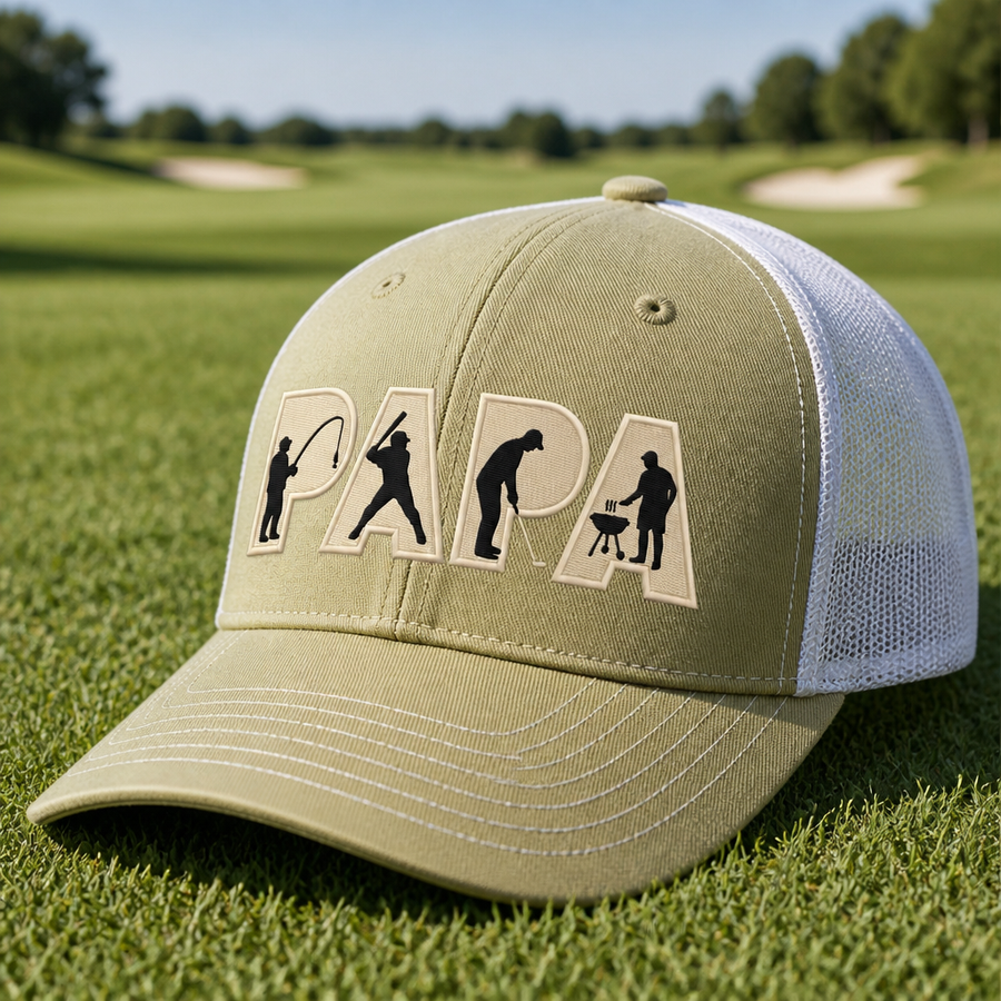 Personalized Papa Golf, Fishing & BBQ Embroidered Trucker Hat