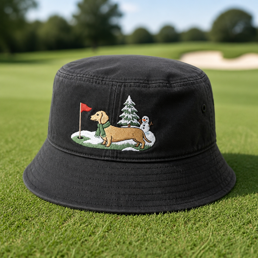 Dachshund Winter Golf Christmas Embroidered Bucket Hat