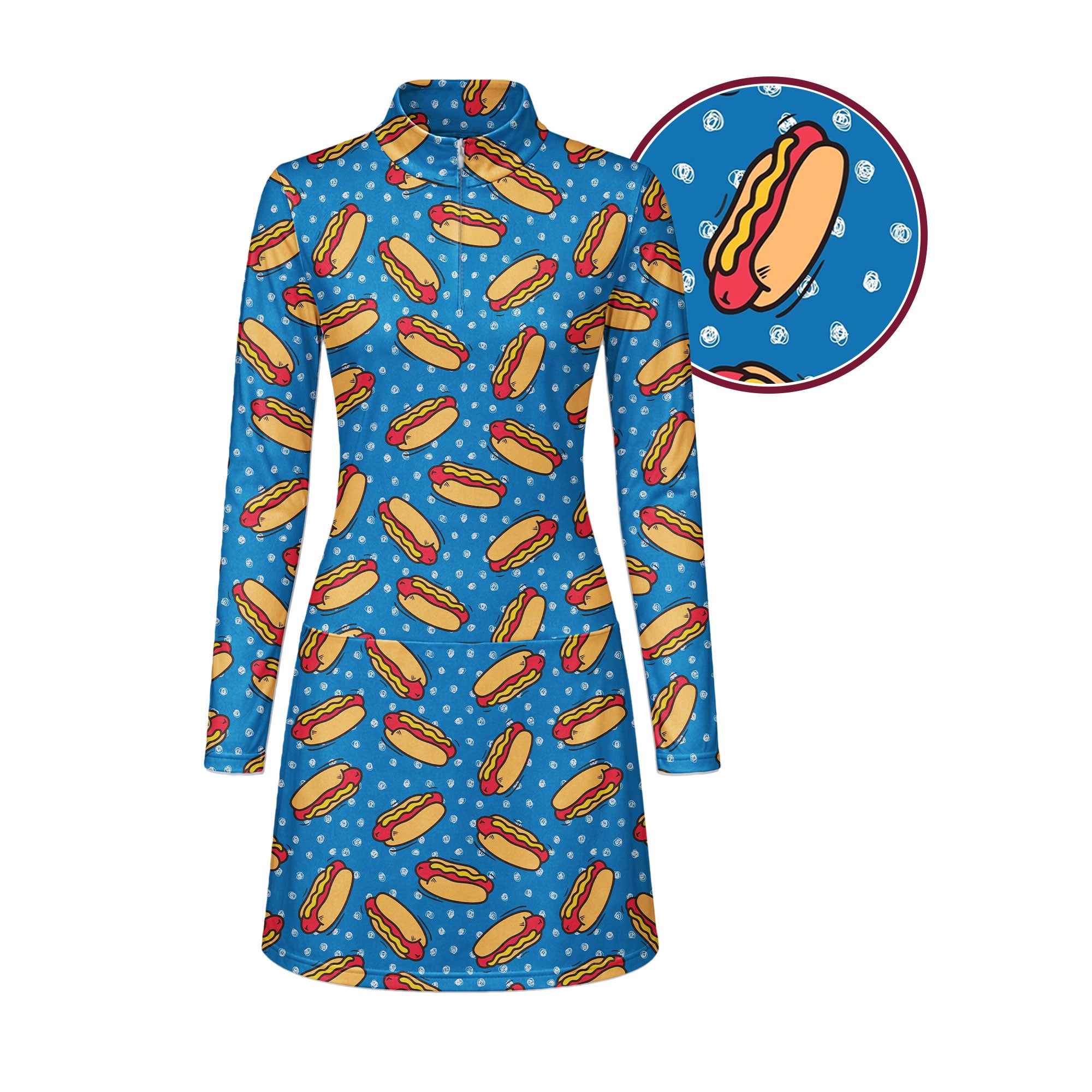 long golf dress Retro Hot Dog National Hot Dog Day Sleeve Dress, Women's Polo Dress, Long Sleeve Golf Dress, with Pockets and Shorts making it ideal for Silk Satin Organza - Size:Adult | 38|W prom dress 2019