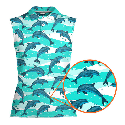 Realistic Dolphins In The Sea - Ladies Sleeveless Golf Polo Shirt
