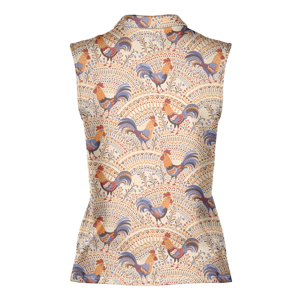 Chicken Roosters In Floral Ornament On A Beige Native Pattern - Ladies Sleeveless Golf Polo Shirt