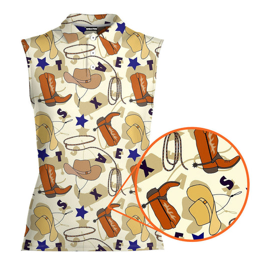 Texas Cowboy Boots Hat Rope Lasso - Ladies Sleeveless Golf Polo Shirt