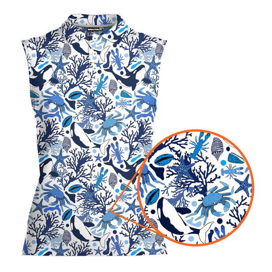 Life Of Ocean With Whales Crabs And Lobsters - Ladies Sleeveless Golf Polo Shirt