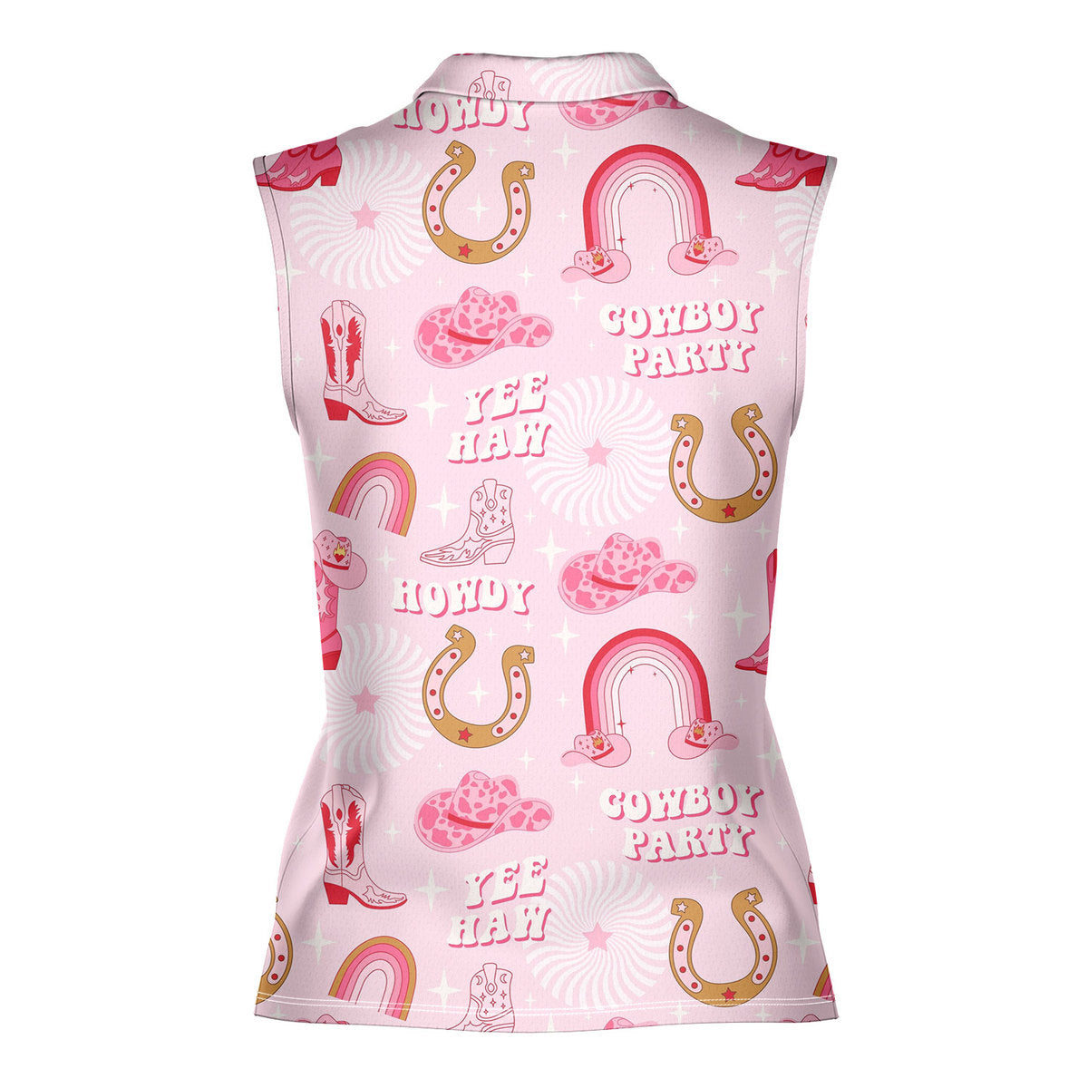Rodeo Cowgirl Retro Horseshoe Cactus Pink - Ladies Sleeveless Golf Polo Shirt