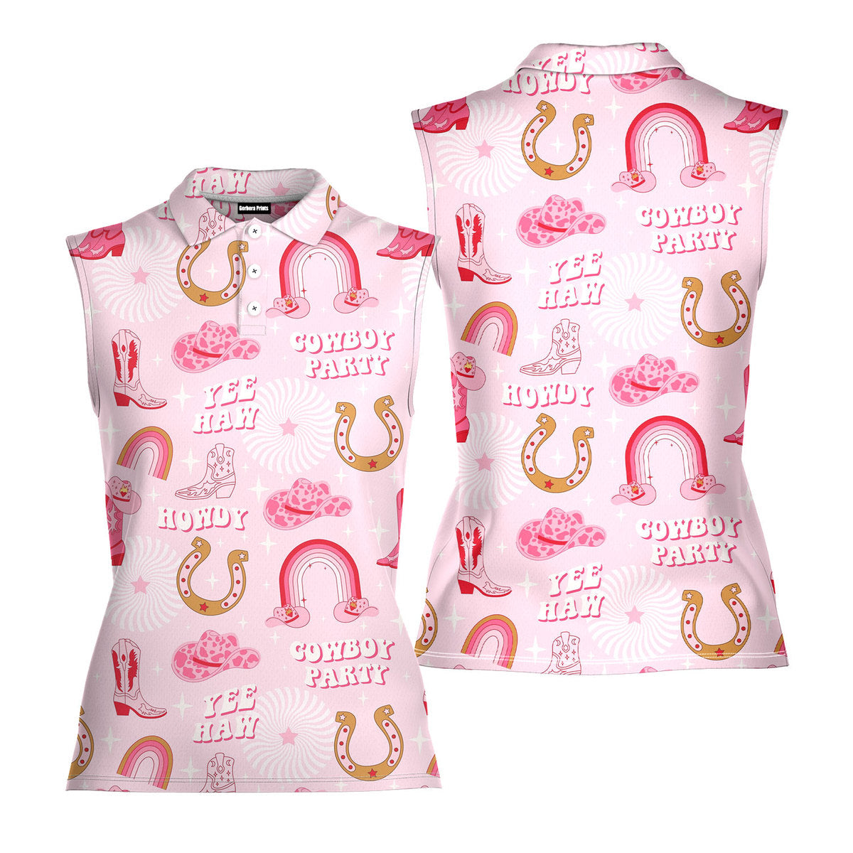 Rodeo Cowgirl Retro Horseshoe Cactus Pink - Ladies Sleeveless Golf Polo Shirt