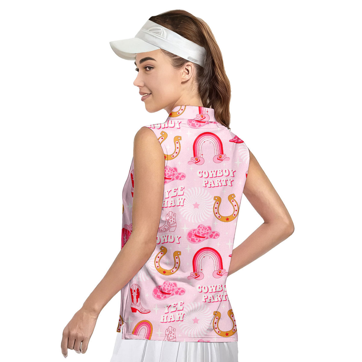 Rodeo Cowgirl Retro Horseshoe Cactus Pink - Ladies Sleeveless Golf Polo Shirt