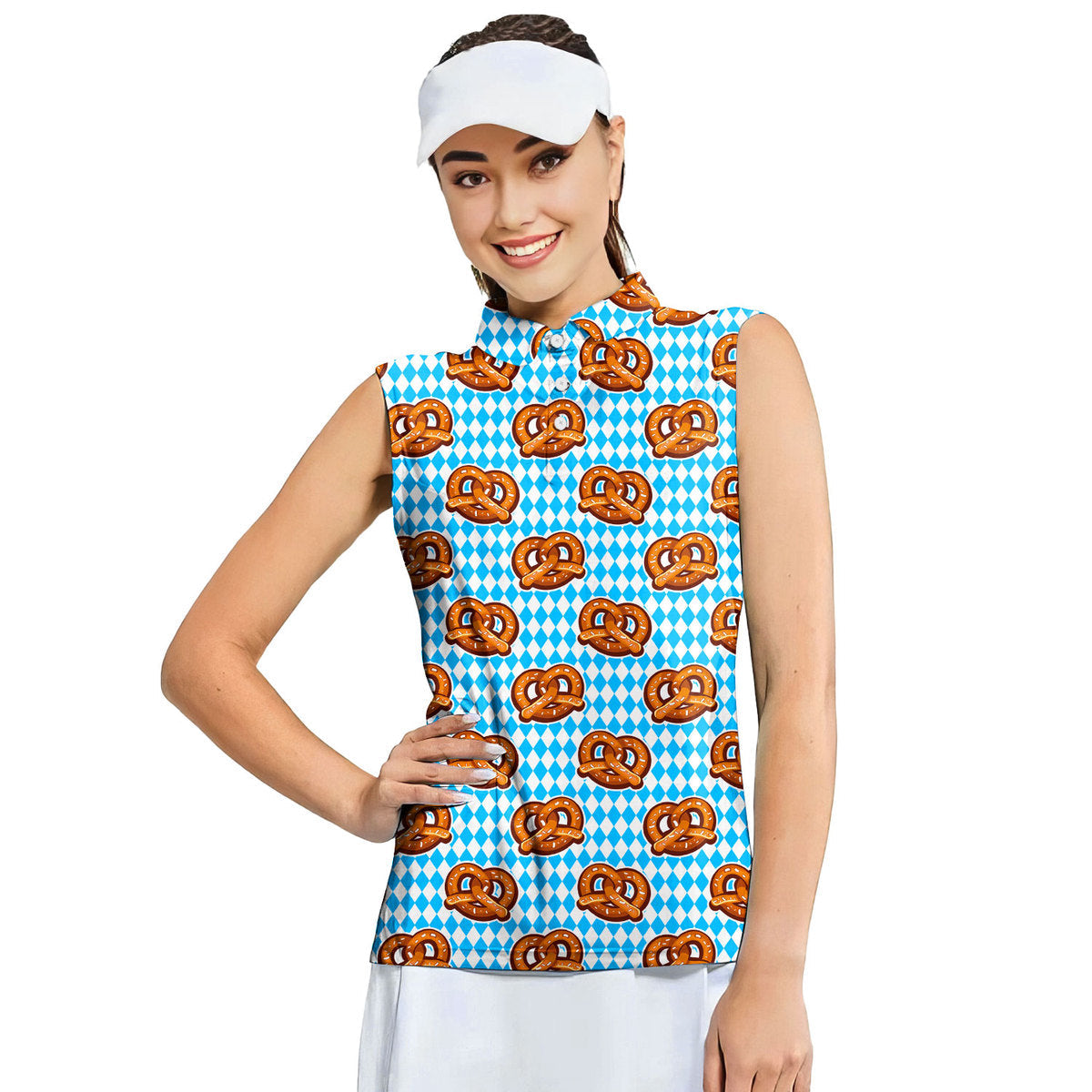 Oktoberfest Pretzels Blue Checkered - Ladies Sleeveless Golf Polo Shirt
