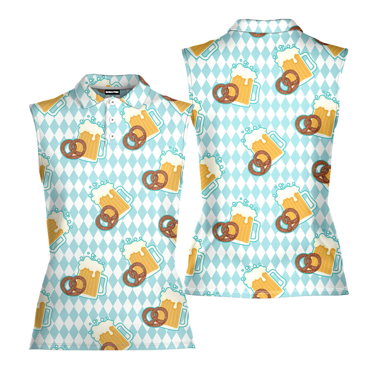 Oktoberfest Beer And Pretzels Blue Checkered - Ladies Sleeveless Golf Polo Shirt