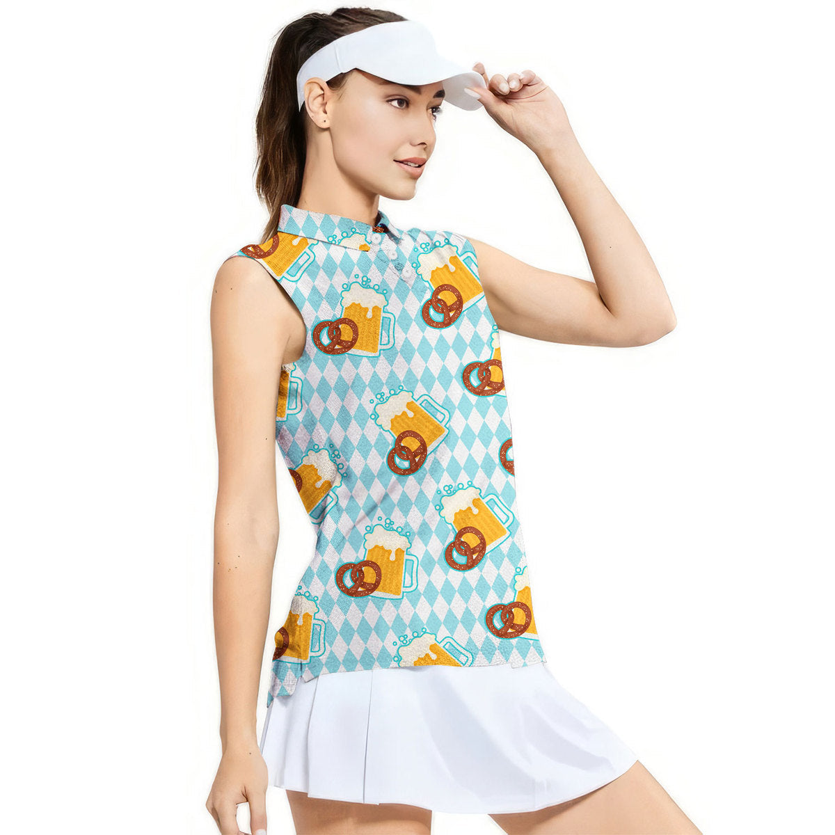 Oktoberfest Beer And Pretzels Blue Checkered - Ladies Sleeveless Golf Polo Shirt