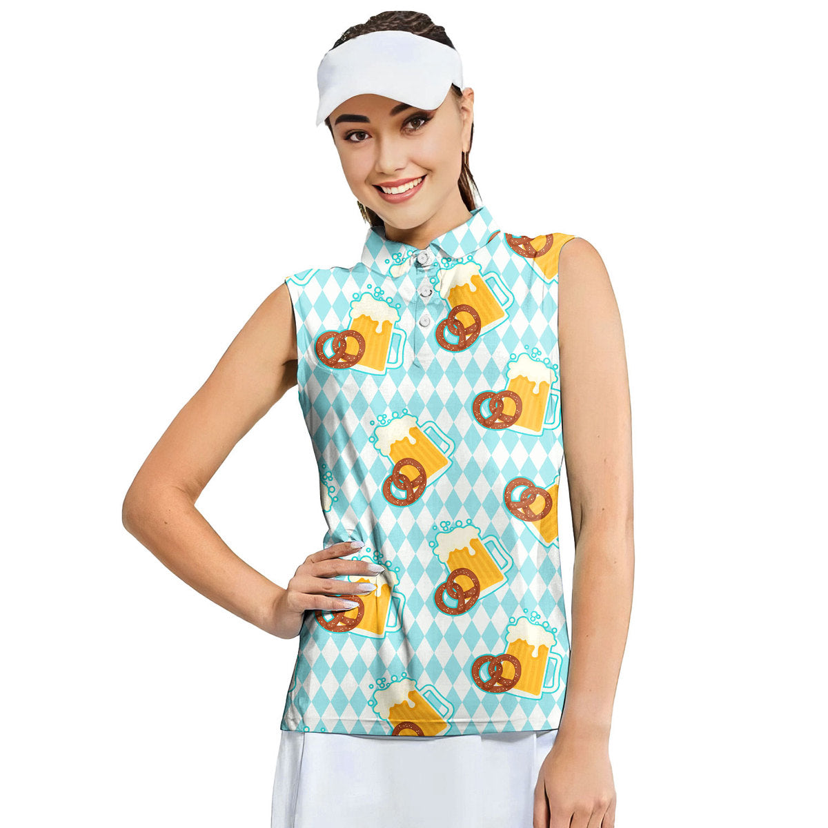 Oktoberfest Beer And Pretzels Blue Checkered - Ladies Sleeveless Golf Polo Shirt