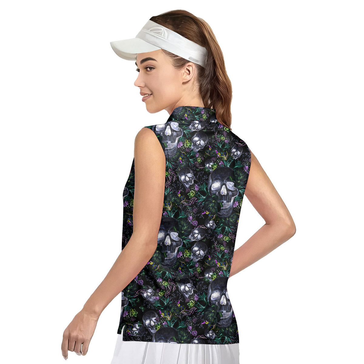 Skull Florals Halloween Style - Ladies Sleeveless Golf Polo Shirt