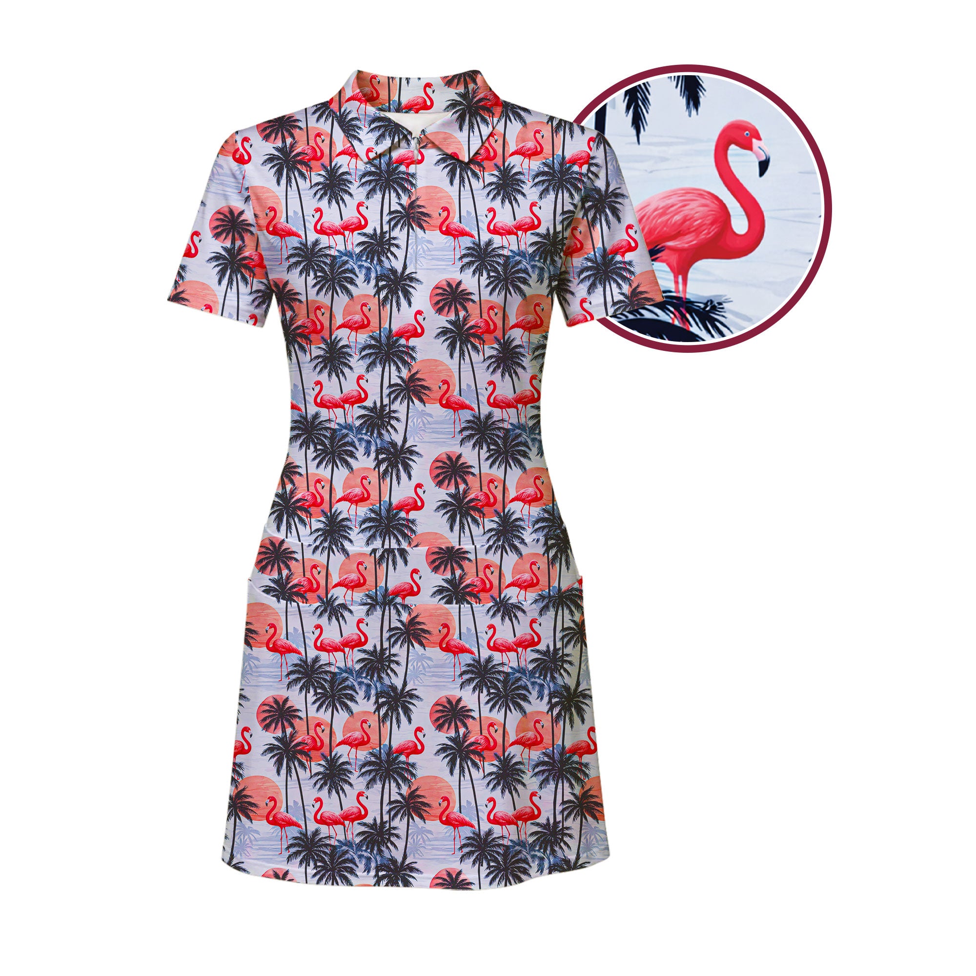 Retro Flamingo Short Sleeve Dress, Women's Golf Polo Dress, XS