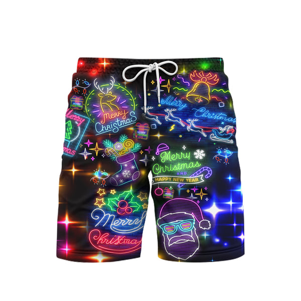 Neon Merry Christmas And Happy New Year Colorful Lights Swim Trunks With Mesh Lining For Men