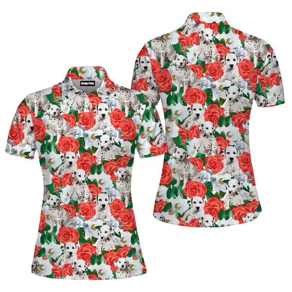 Dalmatins Dog In Red Flowers Polo Shirt For Women