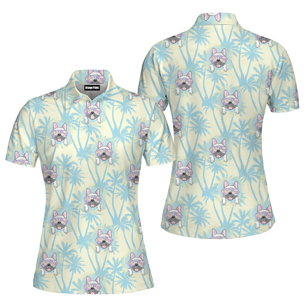 Happy Bull Dog With Tropical Polo Shirt For Women