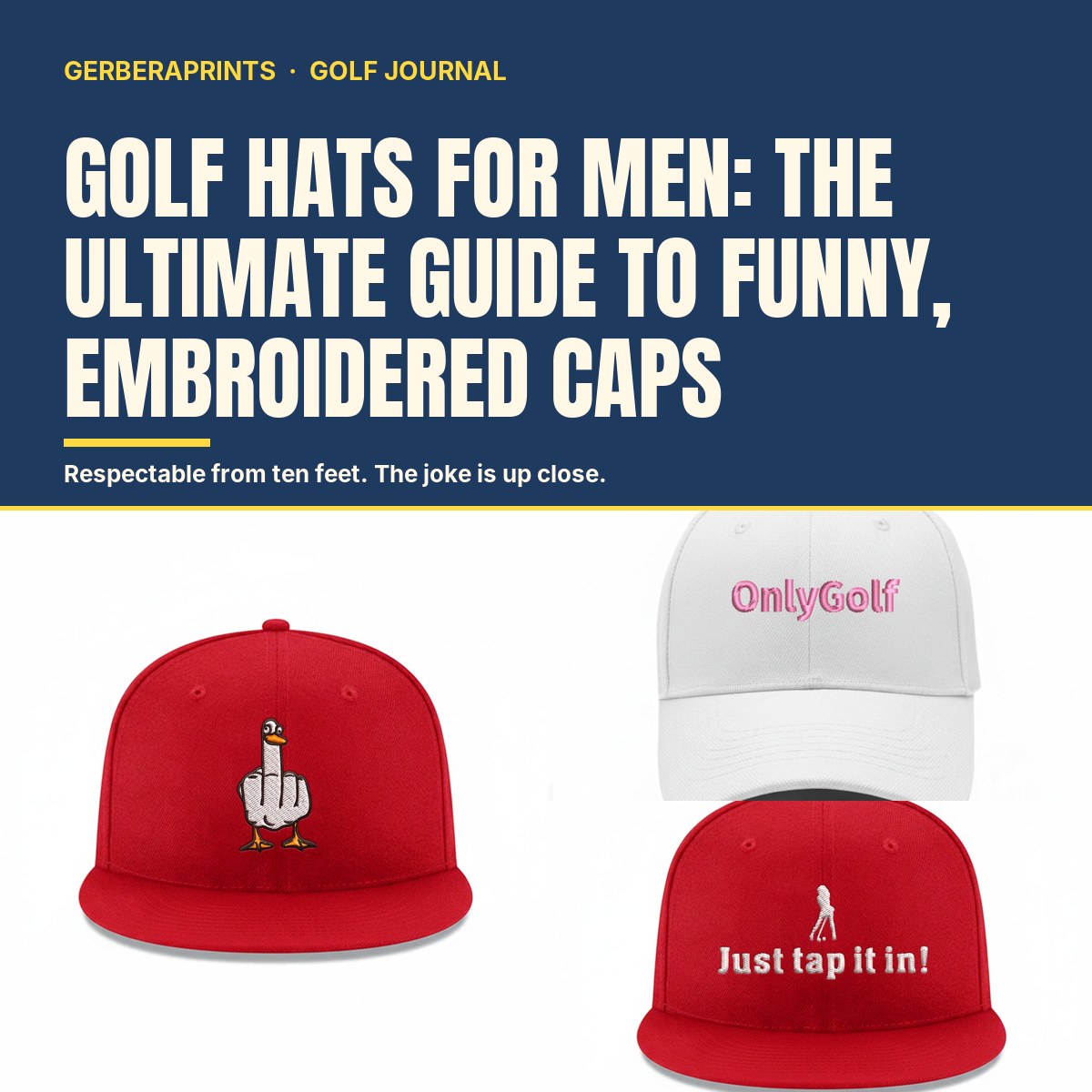 Funny embroidered golf hat for men displayed on a white cap with bold stitched text, laid flat on a light background
