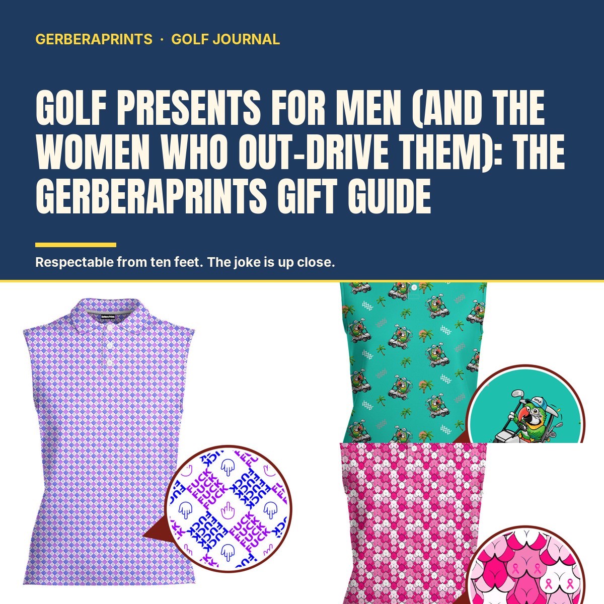 Funny all-over-print golf polo shirt for men with a hidden joke design, shown on a golf course background — GerberaPrints