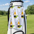 19th Hole Beer O'Clock Somewhere Golf Towel - Hanging on a Golf Bag