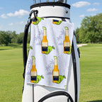 19th Hole Beer O'Clock Somewhere Golf Towel - Hanging on a Golf Bag