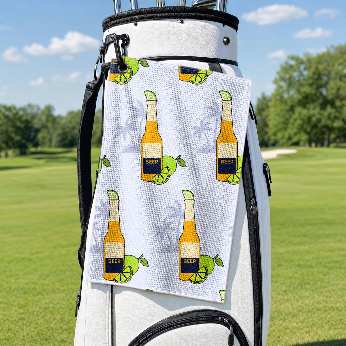 19th Hole Beer O'Clock Somewhere Golf Towel - Hanging on a Golf Bag