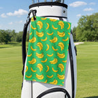 19th Hole Bogey Banana Green Golf Towel - Hanging on a Golf Bag