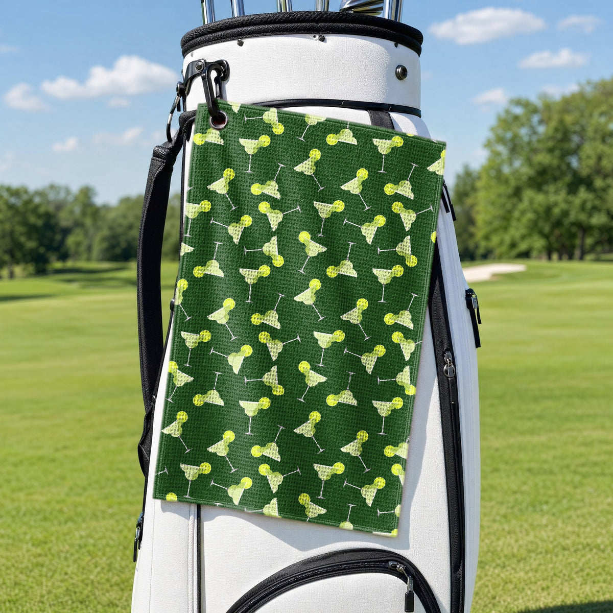 19th Hole Margarita Cocktail Slice Lime Golf Towel - Hanging on a Golf Bag