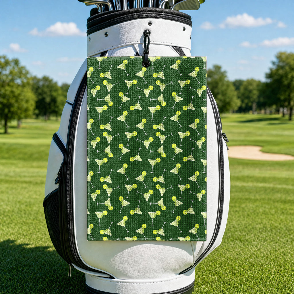19th Hole Margarita Cocktail Slice Lime Golf Towel - Hanging on a Golf Bag