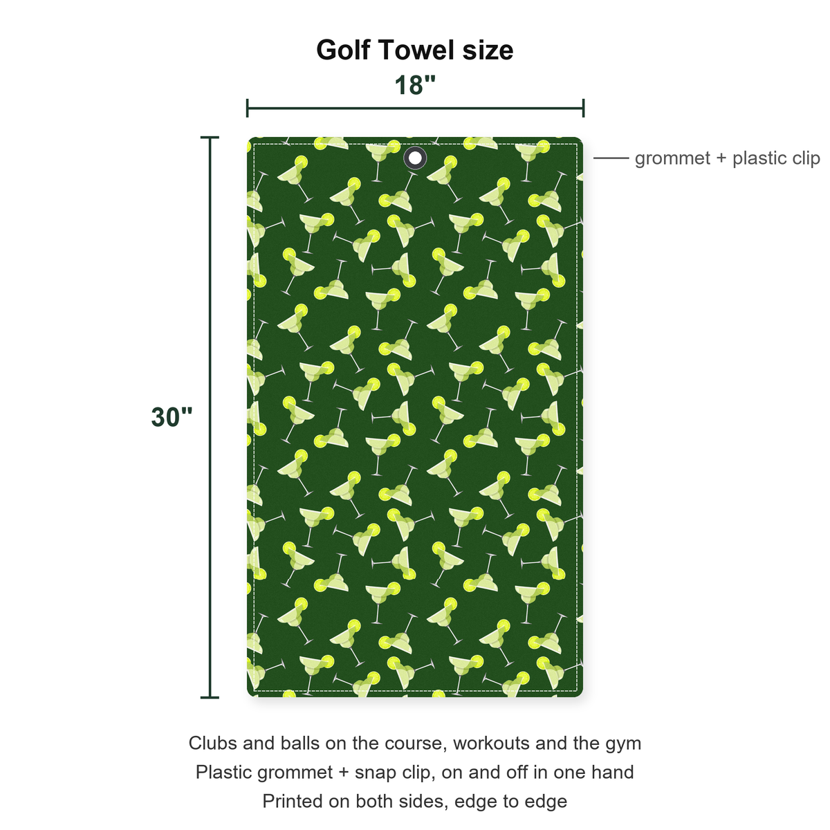 19th Hole Margarita Cocktail Slice Lime Golf Towel - Size Chart