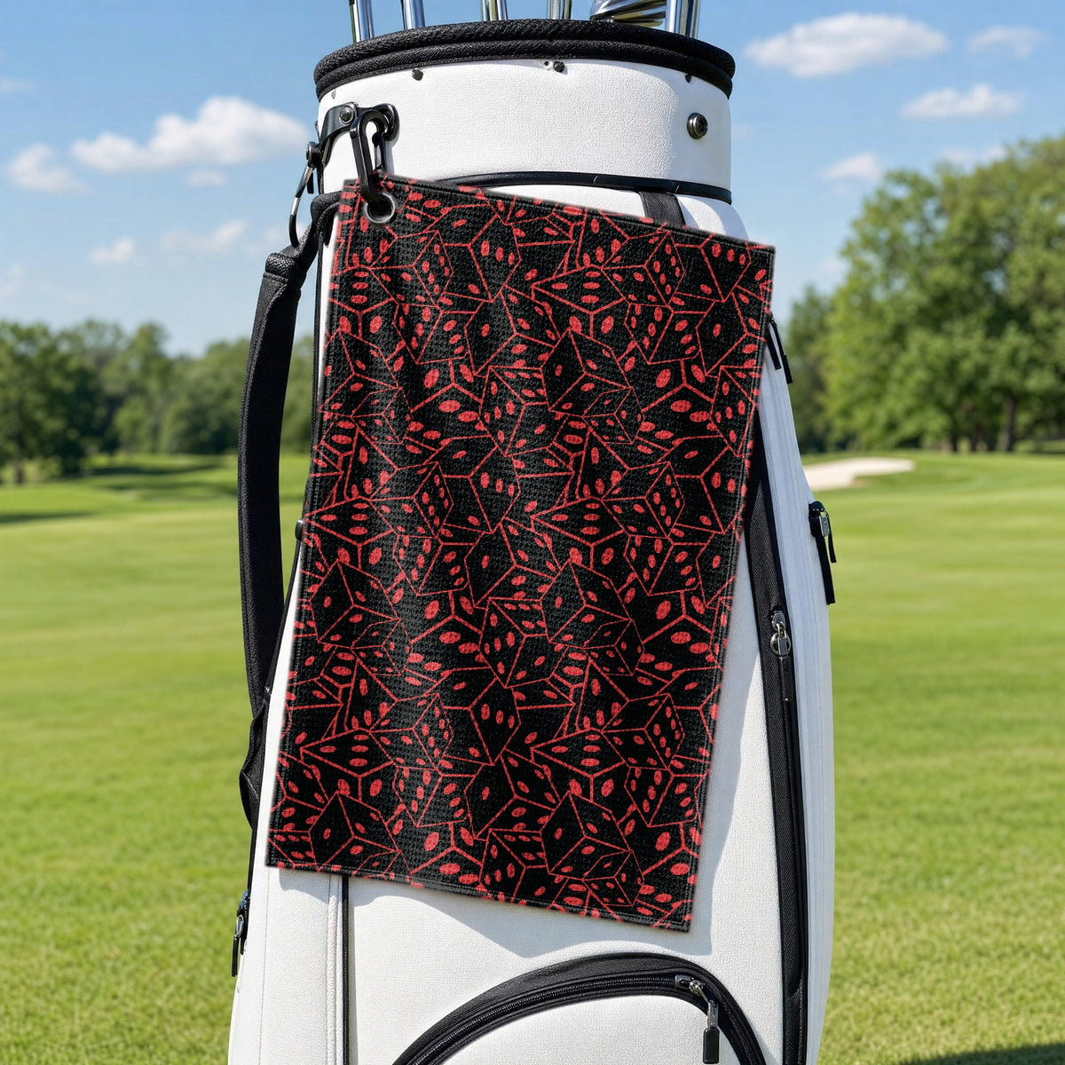 19th Hole Roll The Dice Vegas Themed Golf Towel - Hanging on a Golf Bag