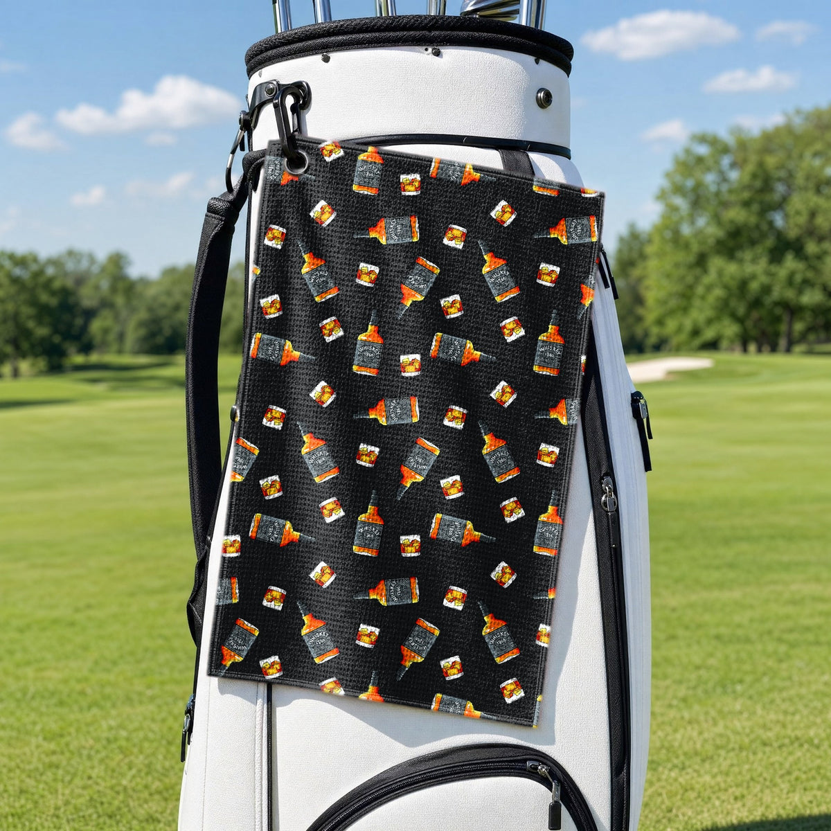 19th Hole Whiskey 1866 Golf Golf Towel - Hanging on a Golf Bag