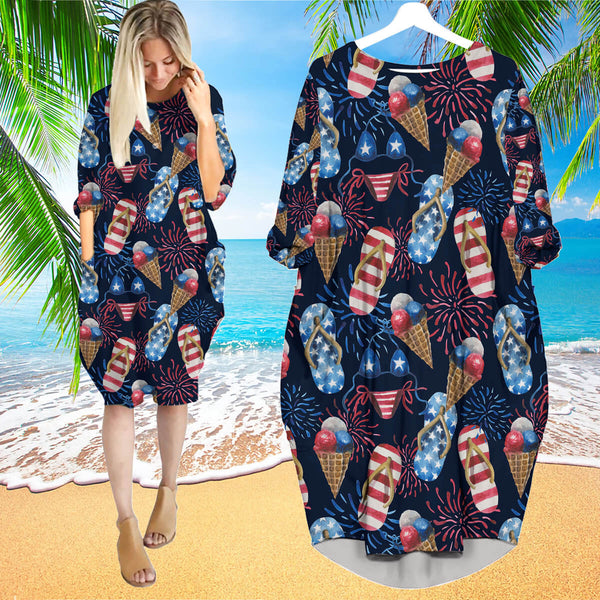 4th Of Day Beach Slippers Fireworks Long Sleeve Midi Dress | MD1326