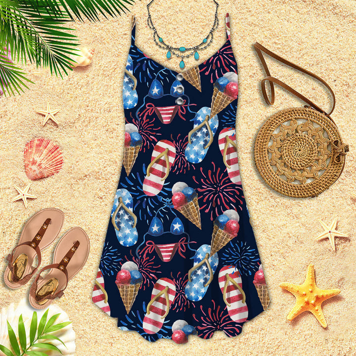 4th Of Day Beach Slippers Fireworks Spaghetti Strap Summer Dress | SD1326