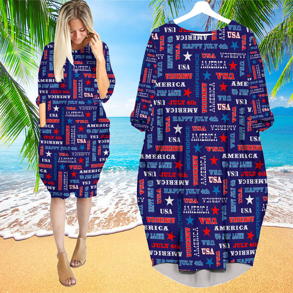 4th Of July America Star Long Sleeve Midi Dress | MD1324