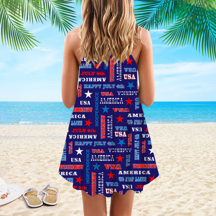 4th Of July America Star Spaghetti Strap Summer Dress | SD1324