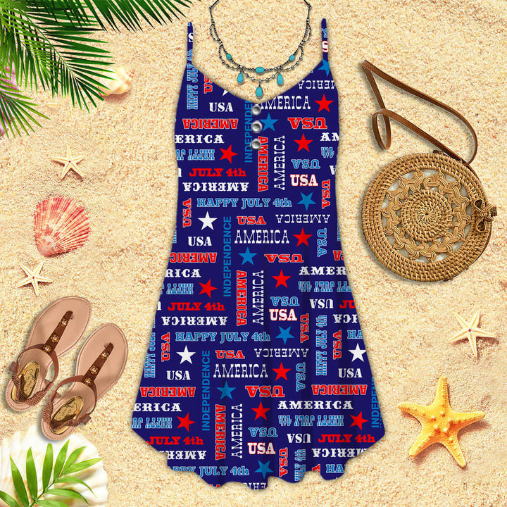 4th Of July America Star Spaghetti Strap Summer Dress | SD1324