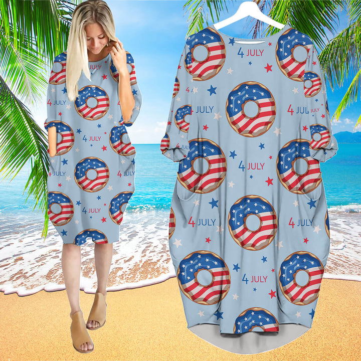 4th Of July Blue And Red Donuts Long Sleeve Midi Dress | MD1319