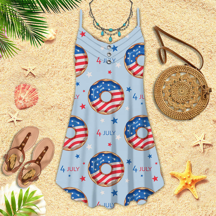 4th Of July Blue And Red Donuts Spaghetti Strap Summer Dress | SD1319