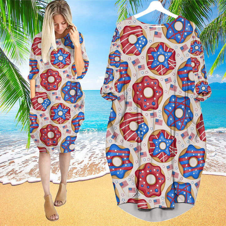 4th Of July Donuts America Long Sleeve Midi Dress | MD1332