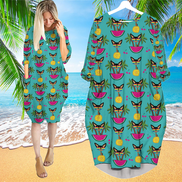 Aloha Chihuahua On Tropical Island Long Sleeve Midi Dress | MD1574