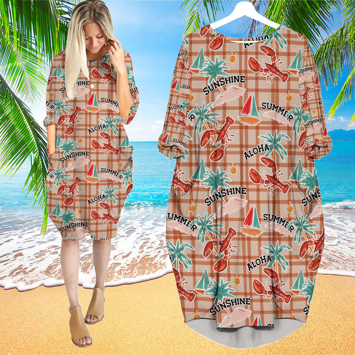 Aloha Summer Lobster To Sunshine Long Sleeve Midi Dress | MD1552