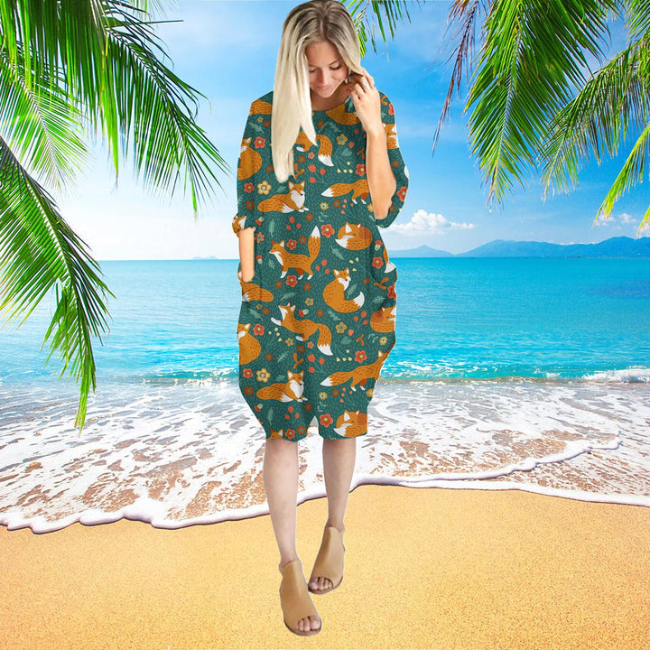 Amazing Jungle Foxes Long Sleeve Midi Dress | MD1203