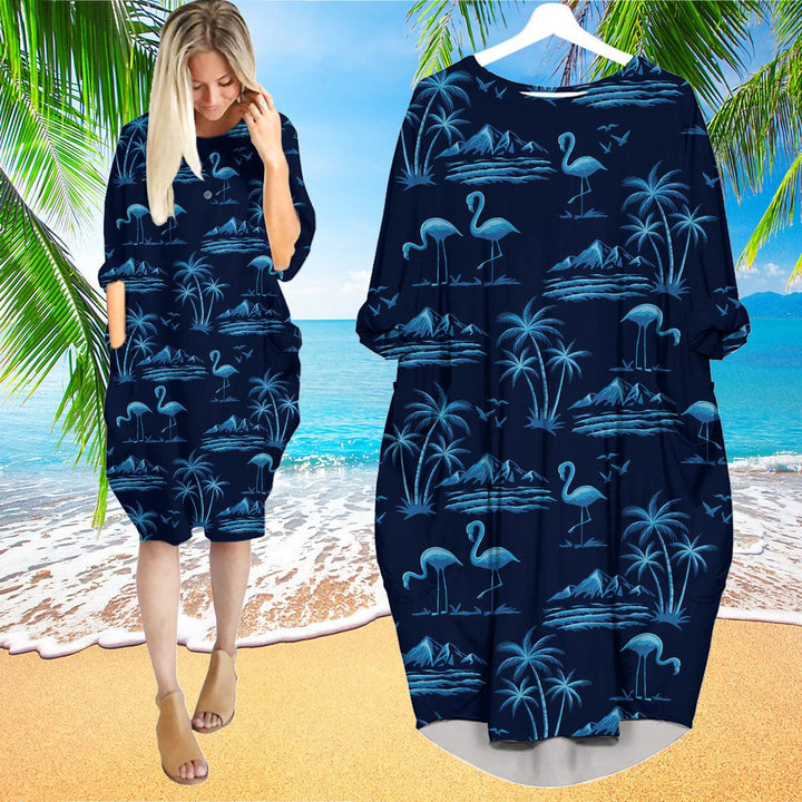 Amazing Neon Blue Tropical Island Long Sleeve Midi Dress | MD1433