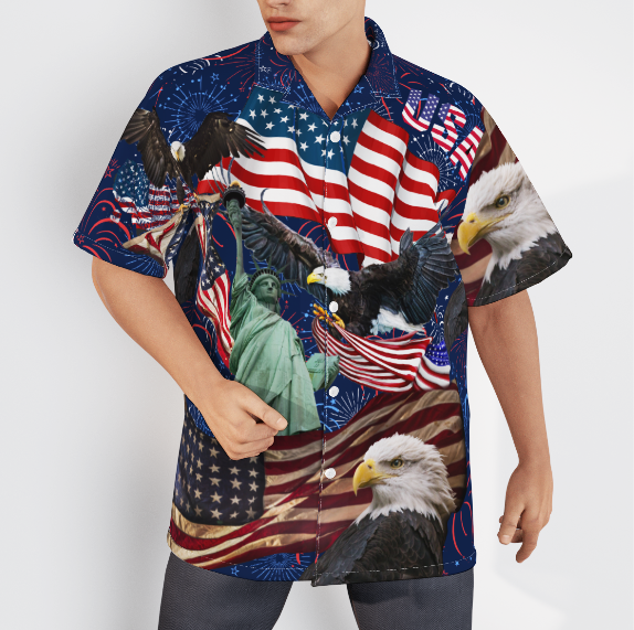 American Flag And Eagle Happy 4th July Independence Day God Bless America Eagle Blue Aloha Hawaiian Shirts For Men And For Women  WT8046