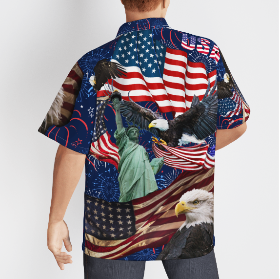American Flag And Eagle Happy 4th July Independence Day God Bless America Eagle Blue Aloha Hawaiian Shirts For Men And For Women  WT8046