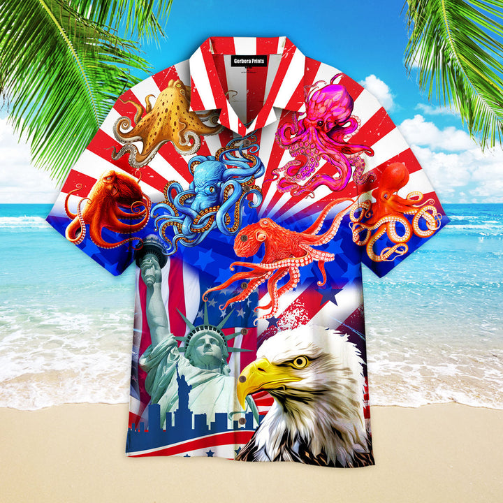 American Flag Independence Day 4th Of July Octopus Eagle Statue of Liberty Aloha Hawaiian Shirts For Men & For Women WT9628