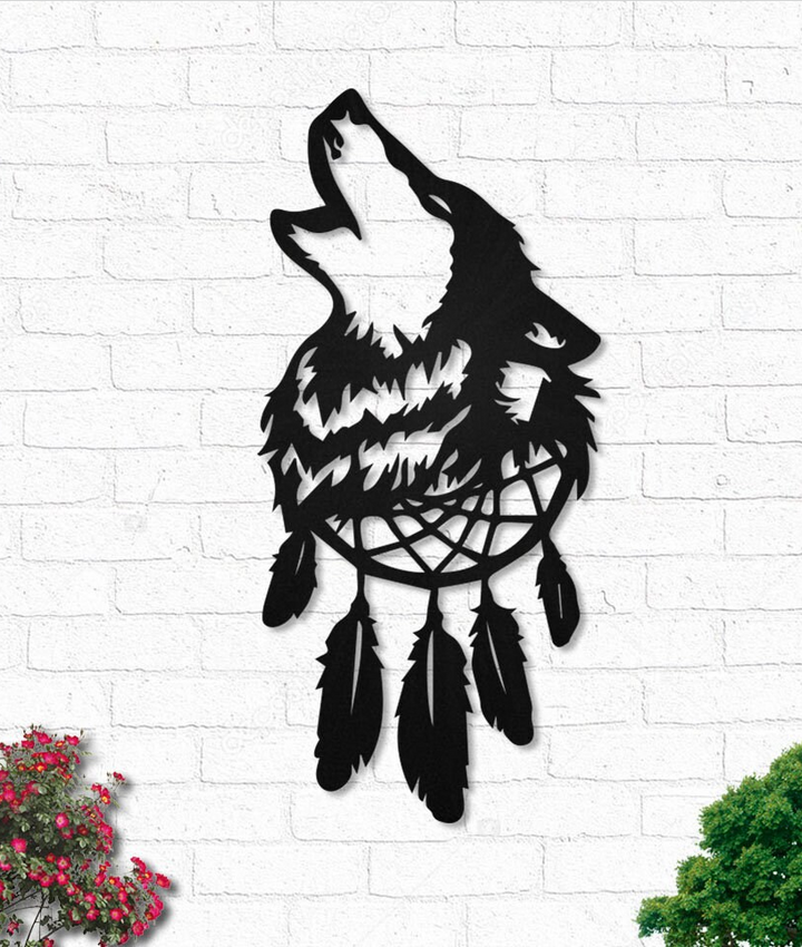 Native Wolf Dream Catcher Feathers - Metal House Sign
