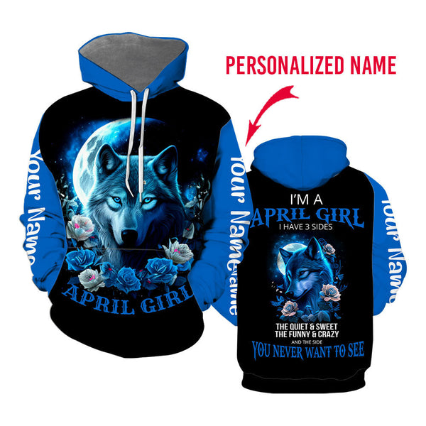 April Girl Personality Wolf Flowers Blue Custom Name Hoodie For Men & Women