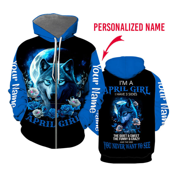 April Girl Personality Wolf Flowers Blue Custom Name Zip Up Hoodie For Men & Women